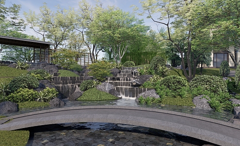 New Chinese-style Courtyard Landscape Stone Falling Waterscape Stone Bridge Landscape Corridor 3d model