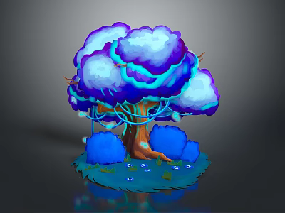 Cartoon Scene With Colorful Tree Purple White Leaves Blue Glowing Effects And Green Ground 3d model