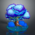 Cartoon Scene With Colorful Tree Purple White Leaves Blue Glowing Effects And Green Ground