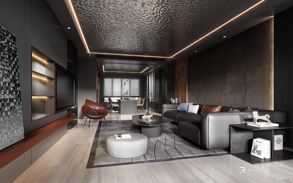 Modern Living And Dining Room Interior With Black Sofa Coffee Table And Dining Set 3d model 