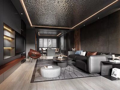 Modern Living And Dining Room Interior With Black Sofa Coffee Table And Dining Set 3d model