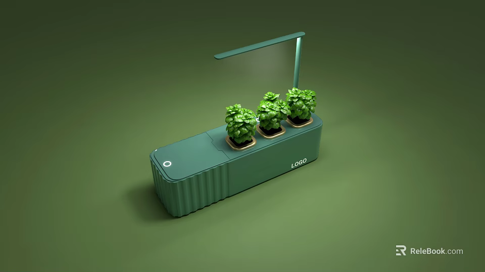 Decorative Ornament Set with Green Container Three Green Plants and Overhead Light 3d model 