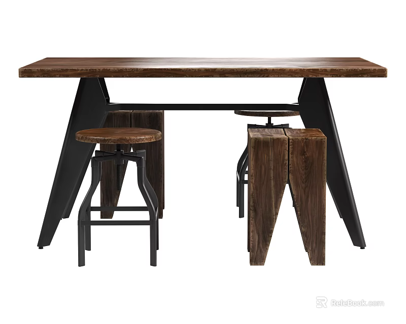 Rustic Wooden Dining Table Set With Black Metal Legs And Matching Stools 3d model 