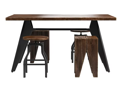 Rustic Wooden Dining Table Set With Black Metal Legs And Matching Stools 3d model