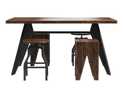 Rustic Wooden Dining Table Set With Black Metal Legs And Matching Stools 3d model