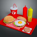 Tasty Fast Food Tray With Burgers Egg Burger Fries Drink Ketchup And Mustard
