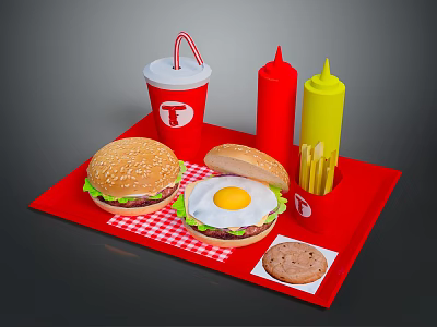 Tasty Fast Food Tray With Burgers Egg Burger Fries Drink Ketchup And Mustard 3d model