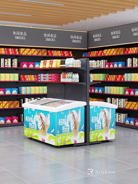 Display Shelves Stocked With Colorful Snack Packages And Ice Cream Freezers In Retail Store 3d model 