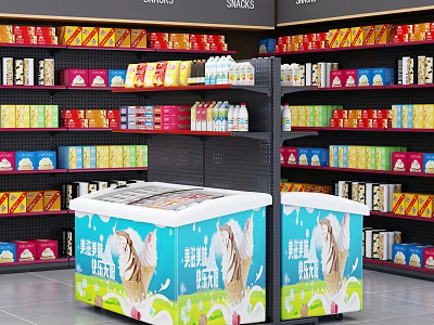 Display Shelves Stocked With Colorful Snack Packages And Ice Cream Freezers In Retail Store 3d model