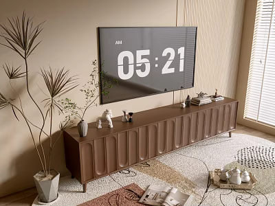 Brown TV Stand with TV and Decorative Ornaments Nearby Plant and Rug in Living Room 3d model
