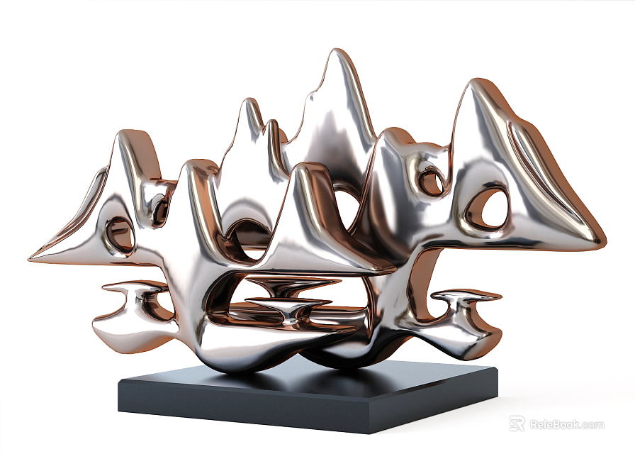 Abstract Metallic Sculpture With Curved Forms Hollow Spaces And Black Base 3d model 