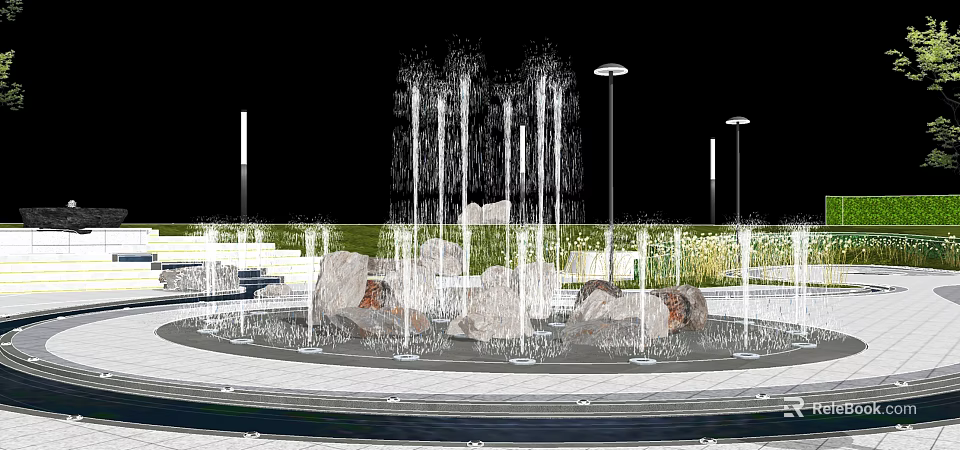 Modern Outdoor Fountain With Water Jets Decorative Stones And Landscape Lighting 3d model 