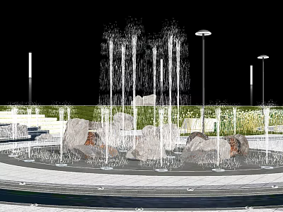 Modern Outdoor Fountain With Water Jets Decorative Stones And Landscape Lighting 3d model