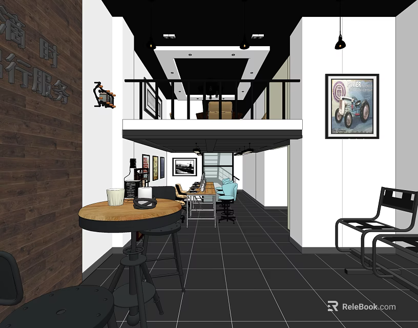 Modern Office Interior With Open Layout Wooden Wall Desks Chairs And Hanging Lights 3d model 