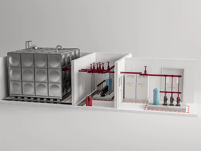 Industrial Equipment With Stainless Steel Storage Tank Red Piping System Blue Cylindrical Tank Control Components 3d model