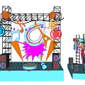 Colorful Stage Setup With Metal Frame Gears Music Notes Speakers And Lighting Equipment