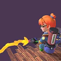 Animated Character With Red Hair Wearing Blue Yellow Outfit Spraying Yellow Liquid On Wooden Planks