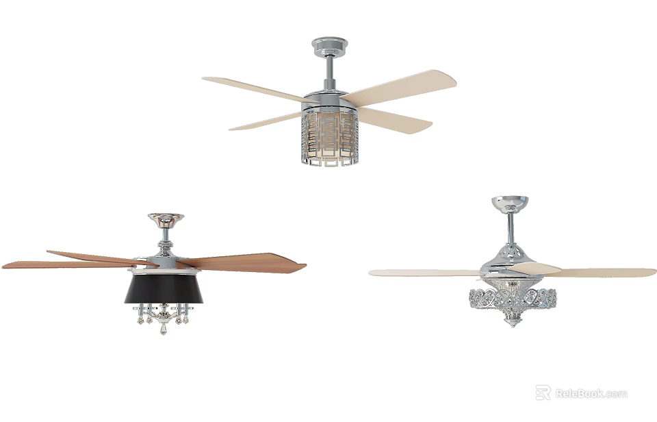 Stylish Ceiling Fans With Ornate Designs Crystal Accents And Wooden Blades 3d model 
