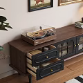 Dark Wooden TV Stand With Drawers Glass Doors Table Lamp Books And Record Player