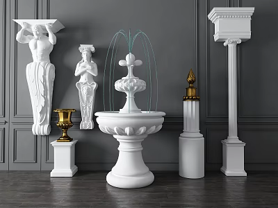 Garden Ornaments With White Statues Decorative Fountain And Columns Against Gray Wall Wooden Floor 3d model