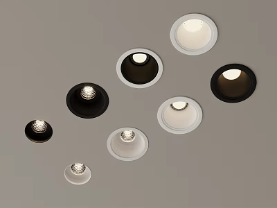 Different Colored Downlights In Various Sizes Installed On Gray Wall Background 3d model