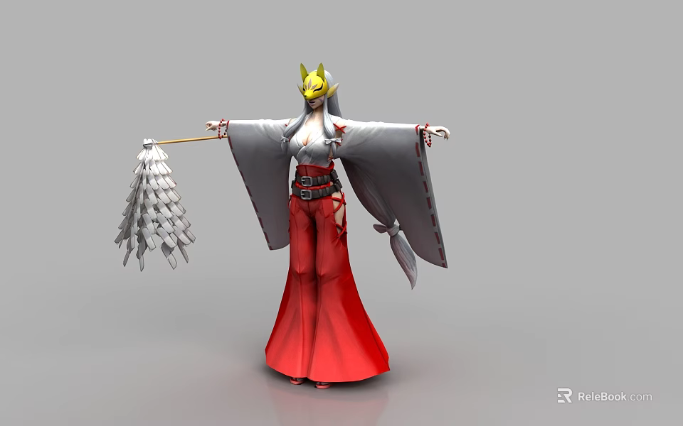 Game Character With Yellow Headdress White Gray Top Red Long Skirt Holding Feather Fan 3d model 