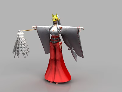 Game Character With Yellow Headdress White Gray Top Red Long Skirt Holding Feather Fan 3d model