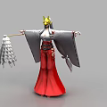 Game Character With Yellow Headdress White Gray Top Red Long Skirt Holding Feather Fan