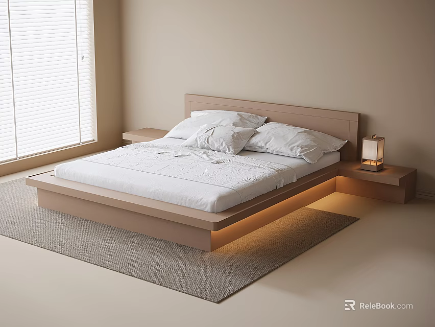 Modern Double Bed with Wooden Headboard White Sheets LED Lighting Nightstand and Table Lamp 3d model 