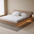 Modern Double Bed with Wooden Headboard White Sheets LED Lighting Nightstand and Table Lamp