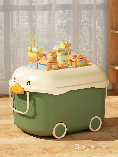 Colorful Building Blocks On Green Duck Shaped Storage Box With Small Houses And Windmill 3d model 