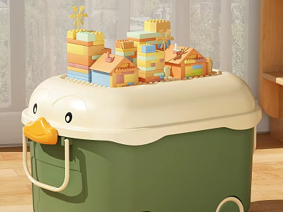 Colorful Building Blocks On Green Duck Shaped Storage Box With Small Houses And Windmill 3d model