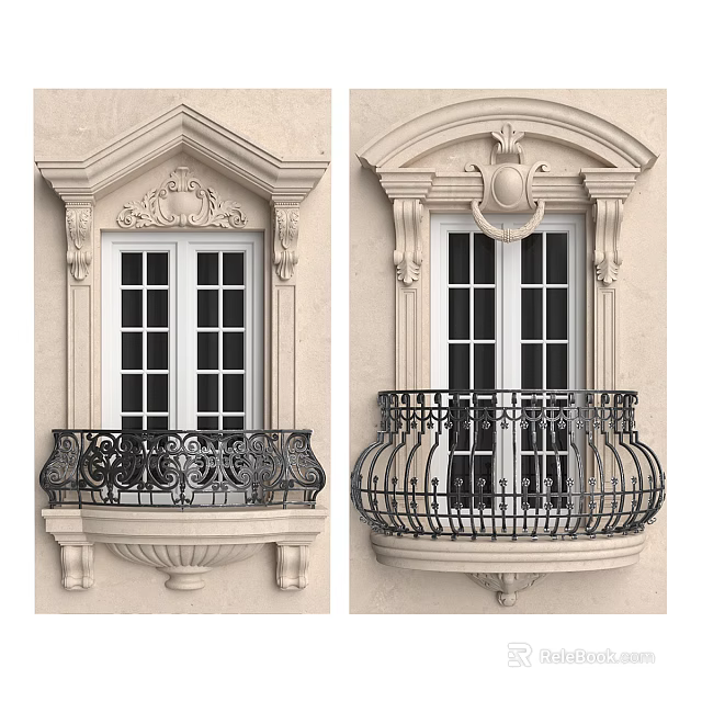European Style Casement Windows With Carved Decorations And Wrought Iron Balcony Railings 3d model 