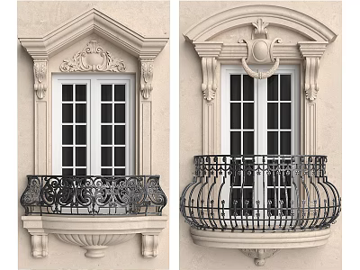 European Style Casement Windows With Carved Decorations And Wrought Iron Balcony Railings 3d model