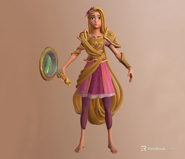 Fairy Tale Princess Character With Golden Long Hair Purple Pink Dress And Mirror Staff 3d model 