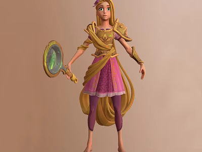Fairy Tale Princess Character With Golden Long Hair Purple Pink Dress And Mirror Staff 3d model