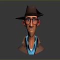 Stylized 3D Game Movie Character Wearing Brown Hat Red Glasses Brown Coat And Blue Shirt
