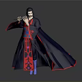 Man Wearing Elegant Traditional Blue Robe With Red Decorations Playing Flute