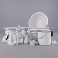 Variety Of Cleaning Supplies Including Buckets Basins Detergent Bottles And Tools