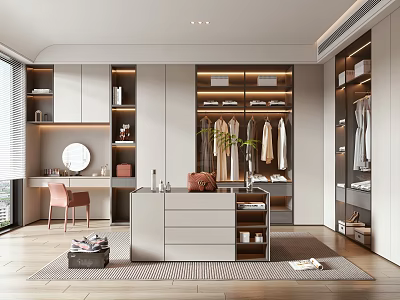 Elegant Modern Walk-in Closet Interior With Cabinets Hanging Area Dressing Table Mirror Plant And Window 3d model
