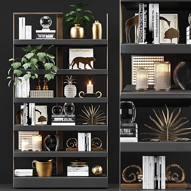 Stylish Black Gold Shelving Unit with Green Plant Books Leopard Sculpture and Decorative Candles 3d model 