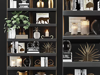 Stylish Black Gold Shelving Unit with Green Plant Books Leopard Sculpture and Decorative Candles 3d model