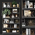Stylish Black Gold Shelving Unit with Green Plant Books Leopard Sculpture and Decorative Candles