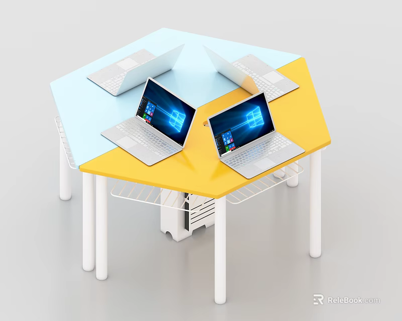 Open Laptops On Blue And Yellow Hexagonal Table With White Legs And Shelf 3d model 