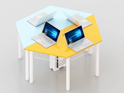 Open Laptops On Blue And Yellow Hexagonal Table With White Legs And Shelf 3d model