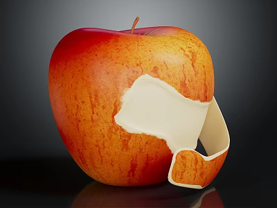 Fresh Red And Orange Apple With Partially Peeled Skin Revealing White Flesh On Dark Background 3d model