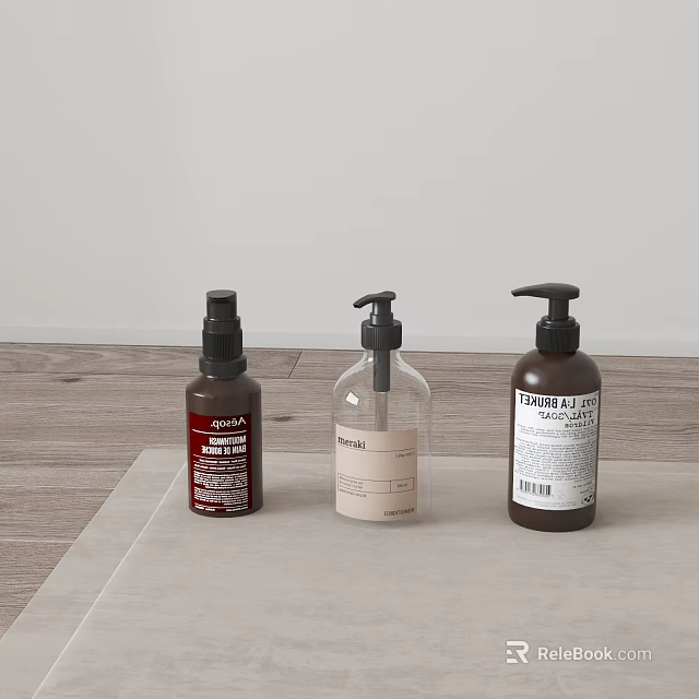 Minimalist Daily Cleaning Product Bottles With Pump Dispensers On Wooden Table 3d model 