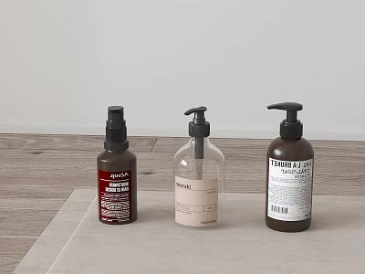 Minimalist Daily Cleaning Product Bottles With Pump Dispensers On Wooden Table 3d model