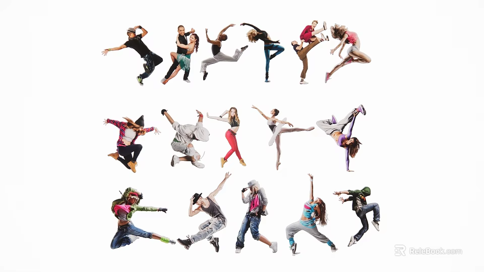 Group of people dancing in various dynamic poses against white background 3d model 