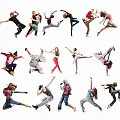 Group of people dancing in various dynamic poses against white background